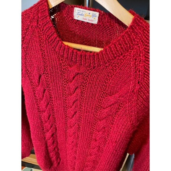 Vintage 70s 80s Handknit Cable Knit Red Sweater - Picture 4 of 8